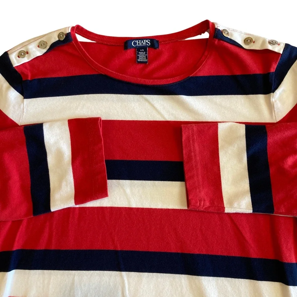 Chaps Top Womens Large Red White Navy Blue‎ Striped Button Shoulder L/S Blouse